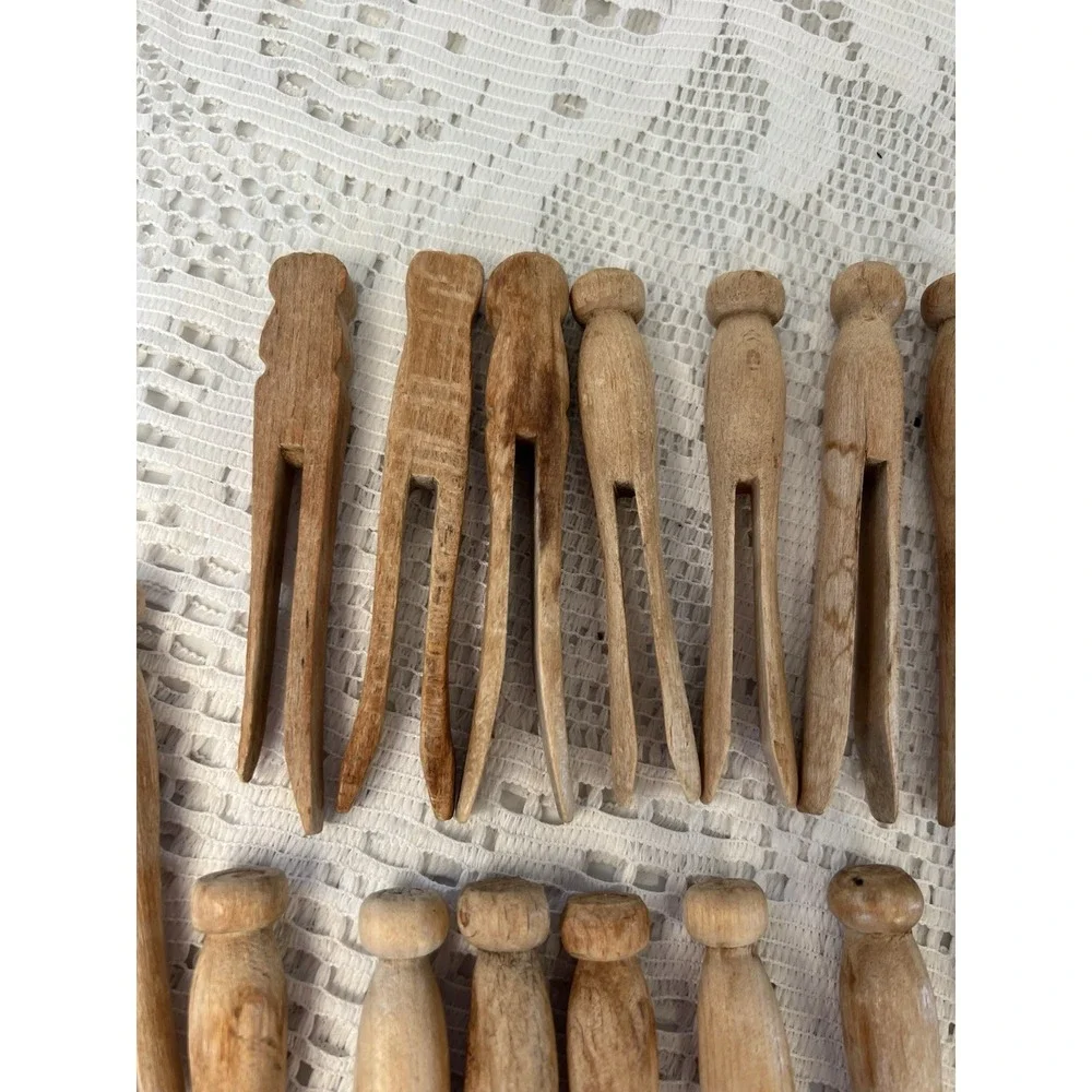 19 Vintage Wooden Clothes Pins Mixed Styles Flat & Round Primitive Lot
